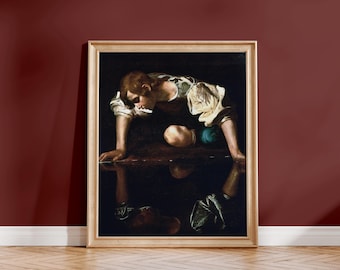 May include: A framed art print depicting a person with brown hair leaning over a dark, reflective surface. The figure wears a white, patterned garment with loose sleeves and is positioned against a deep black background, creating a clear reflection.
