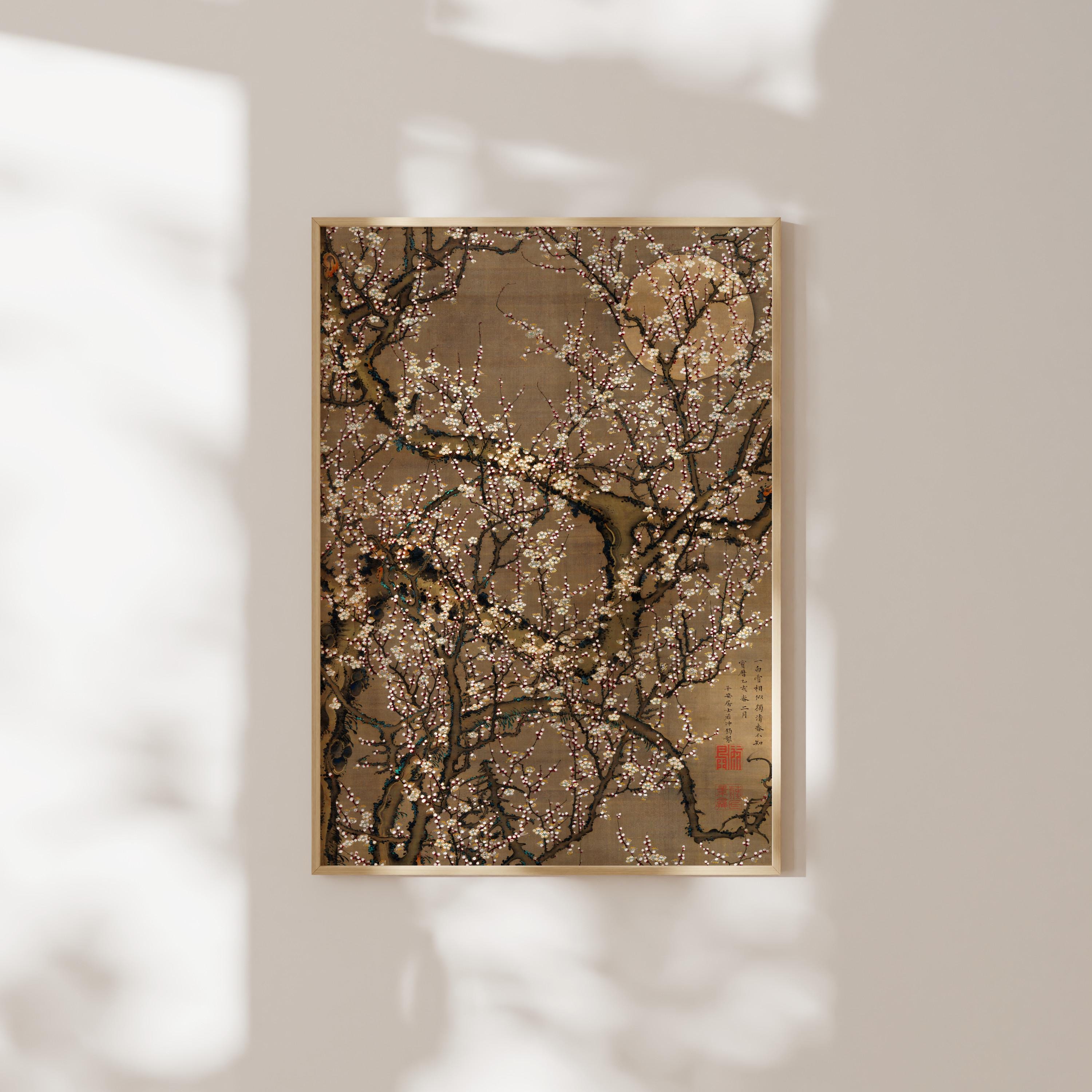 日本美術：伊藤若冲作「白梅と月」（木版画のプレミアムジクレー版画