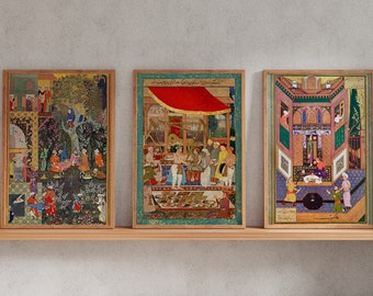 Set of 3 - Traditional Persian / Mughal Miniature Art featuring People - A4 A3 A2 Rare Hi-Res Giclée Prints, also available Framed
