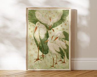 Lámina "Cinco cigüeñas en un prado" / Impresión artística de Theo van Hoytema / Arte mural vintage de aves, con o sin marco.