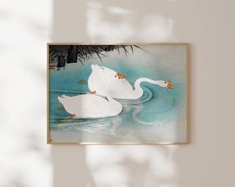 日本美術：小原古邨作「波立つ海に浮かぶ5羽のカモメ」（鳥の絵の
