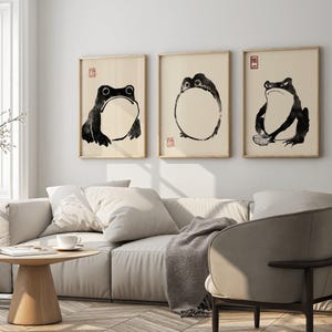 Sztuka japońska: zestaw 3 wydruków żab autorstwa Matsumoto Hoji (wysokiej jakości wydruki artystyczne giclée przedstawiające zwierzęta/ropuchy) Dostępne w oprawie jako sztuka ścienna/dekoracja domu