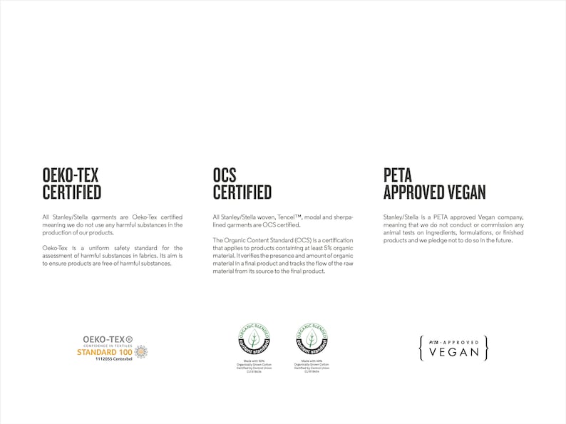 Op de afbeelding: Een witte achtergrond met drie logo's. Het bovenste logo is Oeko-Tex Certified, het middelste logo is OCS Certified en het onderste logo is PETA Approved Vegan. De logo's zijn allemaal in zwarte tekst met witte contouren.