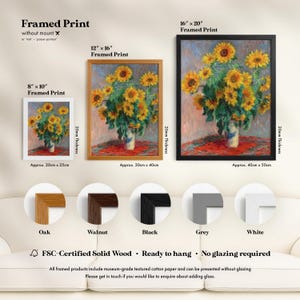 The image is a framed print of a painting of a vase filled with yellow sunflowers. The print is available in different sizes and frame styles, including a 16" x 20" framed print and a 12" x 16" framed print. The print is made of FSC-Certified Solid Wood, which is ready to hang and does not require glazing. The frame styles include oak, walnut, black, grey, and white.