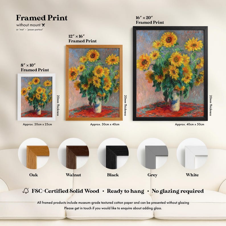 The image is a framed print of a painting of a vase filled with yellow sunflowers. The print is available in different sizes and frame styles, including a 16" x 20" framed print and a 12" x 16" framed print. The print is made of FSC-Certified Solid Wood, which is ready to hang and does not require glazing. The frame styles include oak, walnut, black, grey, and white.