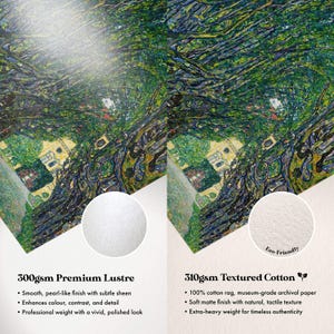 The image is a comparison between two types of paper: a smooth, pearl-like finish with subtle sheen and a textured cotton paper. The text highlights the differences between the two, such as the cotton paper being 100% cotton, having a museum-grade archival finish, and having a soft matte finish with natural texture. The image also mentions that the cotton paper is professional weight with a polished look, and it is described as "Extra-heavy weight for timeless authenticity".