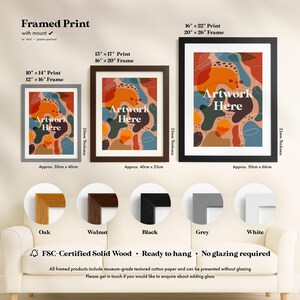 a collection of framed print artworks, each with different frame styles and sizes, along with their corresponding dimensions.