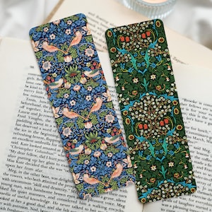 William Morris Bookmarks: Strawberry Thief / Tulip (Custom Handmade Textured Cotton Bookmarks with Tassels featuring Fabric Pattern Art)