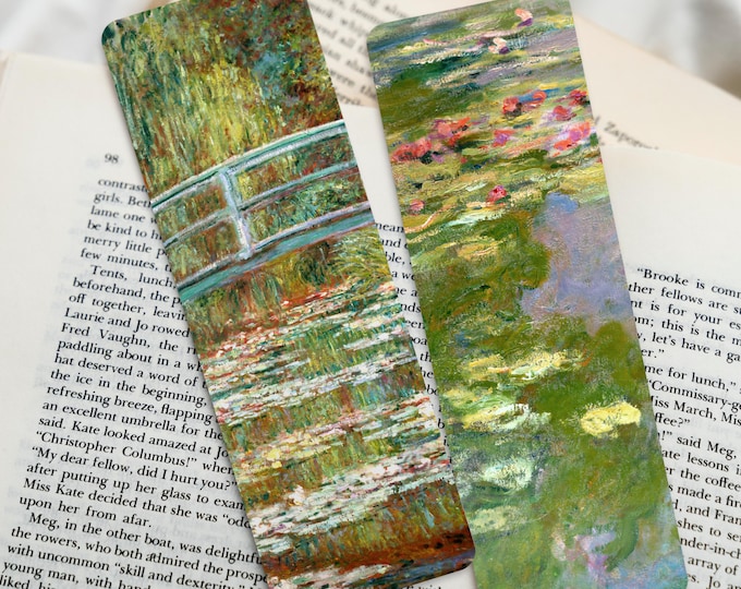 Claude Monet Bookmarks: Bridge Over A Pond / Water Lilies (Custom Handmade Textured Cotton Bookmarks with Tassels featuring Classic Art)