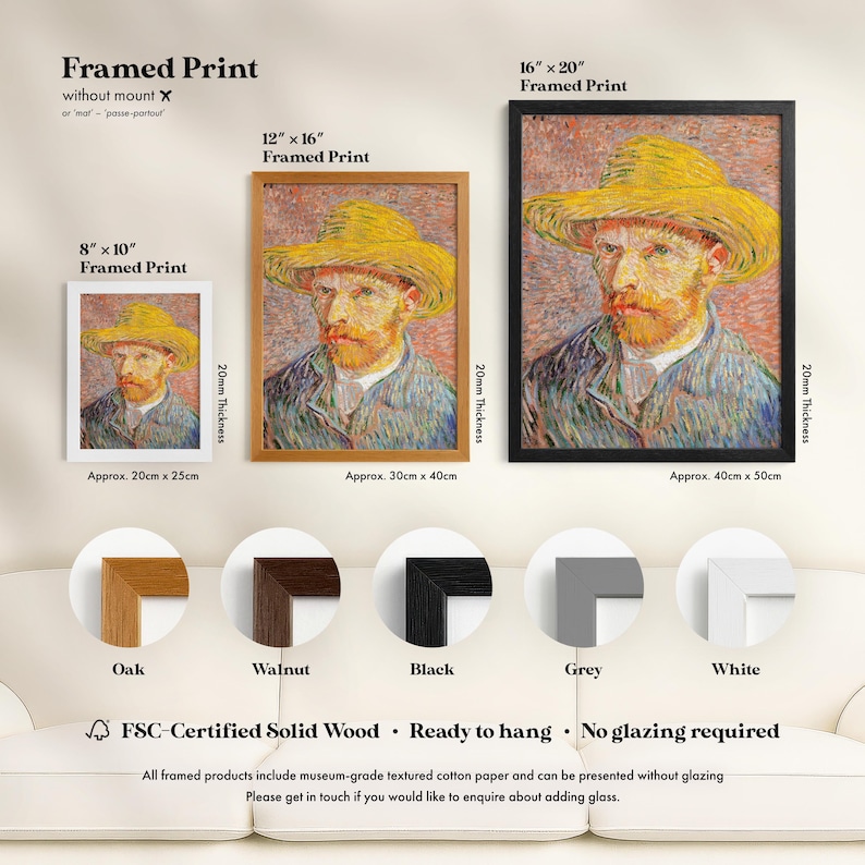 The image is a framed print of a painting of a man wearing a straw hat, with three different frame options available for purchase.