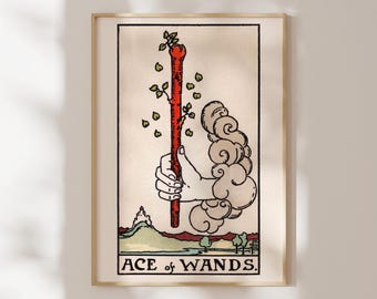 Ace of Wands Tarot Card Print | Pamela Colman Smith / Rider Waite Fine Art Print | Vintage Spiritual Wall Art, Framed or Unframed