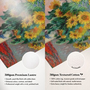 The image is a comparison between two types of paper: a premium lustre paper and a textured cotton paper. The lustre paper is described as smooth, pearl-like finish with subtle sheen, enhancing color, contrast, and detail. The cotton paper is labeled as a 100% cotton rag, museum-grade archival paper, with a soft matte finish and natural tactile texture. Both papers are described as professional weight with a vibrant, polished look.