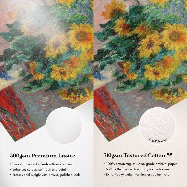 The image is a comparison between two types of paper: a premium lustre paper and a textured cotton paper. The lustre paper is described as smooth, pearl-like finish with subtle sheen, enhancing color, contrast, and detail. The cotton paper is labeled as a 100% cotton rag, museum-grade archival paper, with a soft matte finish and natural tactile texture. Both papers are described as professional weight with a vibrant, polished look.