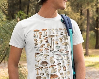 Mushroom Chart - T-shirt unisex in cotone biologico al 100% con 'Champignon' di Adolphe Millot - Bianco / Beige vintage