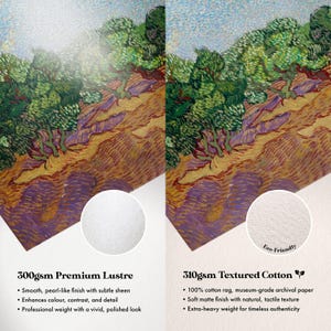 The image is a comparison between two types of paper: a smooth, pearl-like finish with subtle sheen and a textured cotton paper. The text highlights the differences between the two, such as the cotton paper being 100% cotton, having a museum-grade archival quality, and having a soft matte finish with natural texture. The image also mentions that the cotton paper is professional weight with a polished look, and it is described as eco-friendly.