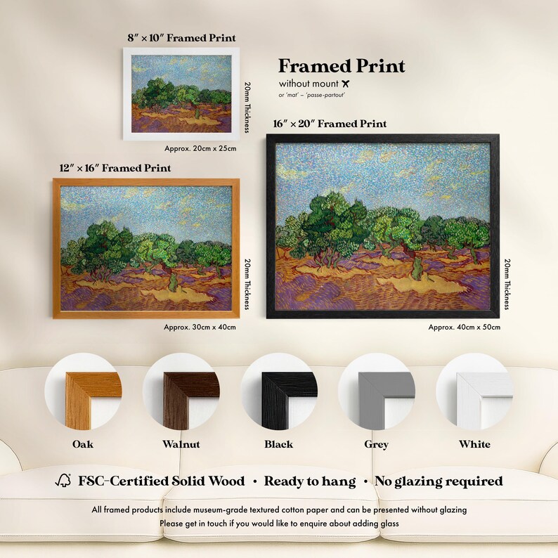 The image is a framed print advertisement for artwork, featuring a variety of framed prints in different sizes and colors.