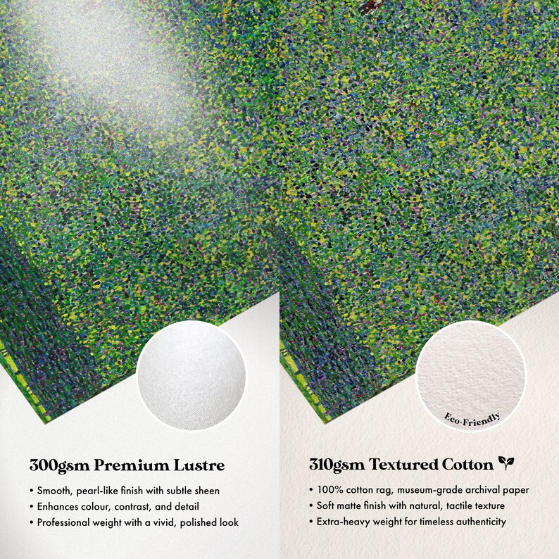 The image is a collage of two images, each depicting a different type of paper: a smooth, pearl-like finish with subtle sheen and a textured cotton paper.