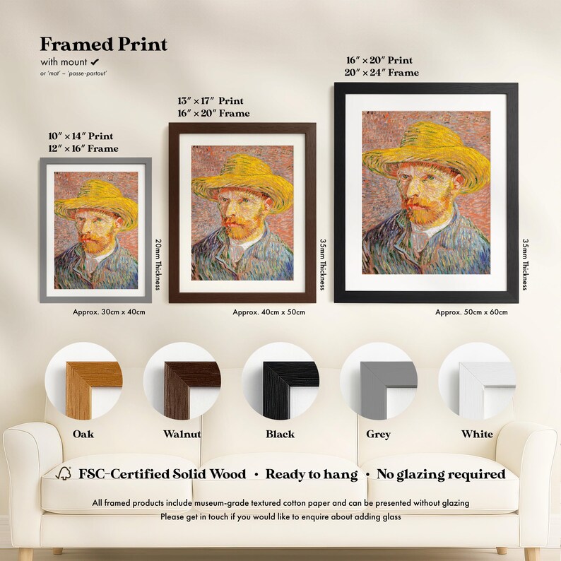 The image is a framed print of a painting of a man wearing a straw hat, with three different frame sizes and colors available.