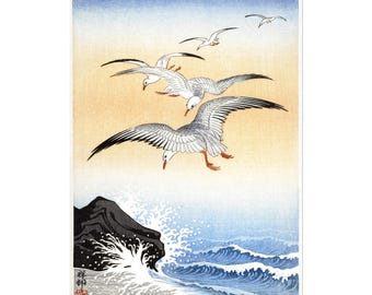日本美術：小原古邨作「波立つ海に浮かぶ5羽のカモメ」（鳥の絵の