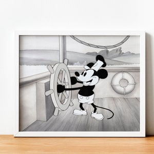 STEAMBOAT WILLIE - Classico disegno del topo dei cartoni animati (stampa artistica Giclée premium del personaggio originale di pubblico dominio) disponibile anche con cornice