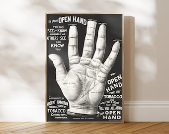 Lámina antigua de lectura de la palma de la mano / Anuncio de tabaco "Mano Abierta" - Lámina artística / Arte mural antiguo de quiromancia, enmarcado o sin enmarcar