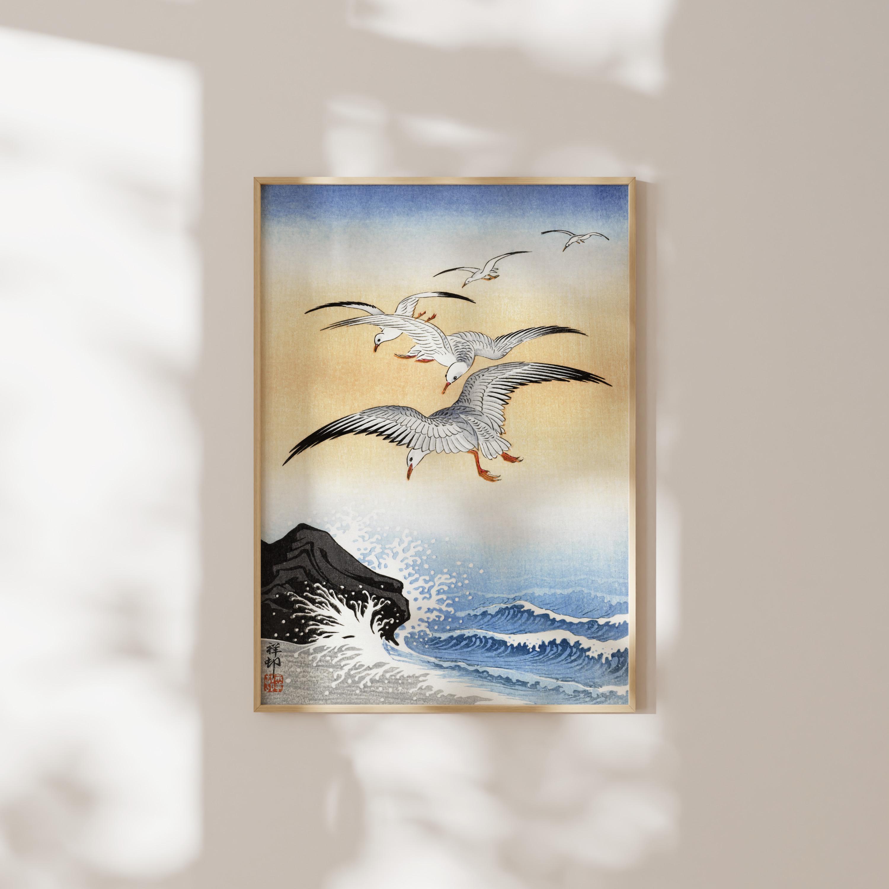 日本美術：小原古邨作「波立つ海に浮かぶ5羽のカモメ」（鳥の絵の