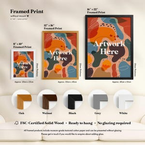 a variety of framed print options, including different sizes and finishes, along with their corresponding descriptions.