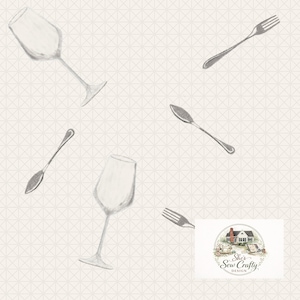 May include: A repeating pattern of sketched silverware and wine glasses on a light beige background. The design includes forks, spoons, and wine glasses. A logo with the text "She's Sew Crafty Design" is in the bottom right corner.