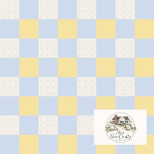 May include: A repeating pattern of alternating pale blue and yellow squares, with a cream geometric design in some squares. The image includes a logo with the text "She's Sew Crafty Design."