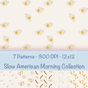 以下が含まれることがあります： クリーム色の背景に目玉焼きが繰り返し描かれた水彩パターン。画像には「Slow American Morning Collection」の文字とパターンの詳細が含まれています。