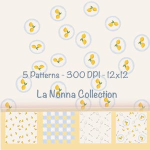 Può includere: Motivi digitali con limoni su piatti, con motivi aggiuntivi sottostanti. Il testo recita "5 Patterns - 300 DPI - 12x12" e "La Nonna Collection". I motivi includono limoni, scacchiere e disegni di posate.