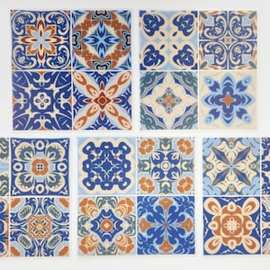 May include: A set of 12 decorative ceramic tiles with intricate blue, brown, and white patterns. The tiles feature a variety of geometric designs and floral motifs.