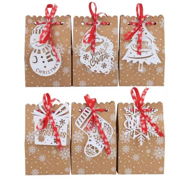 6 Christmas kraft boxes bags, Christmas gift bags, favor bags, candy bags, cookie bags, Christmas treat bag boxes