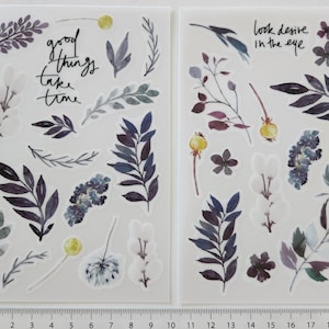 2 feuilles d'autocollants floraux à frictionner, feuilles d'eucalyptus, scrapbooking, fabrication de cartes, bric-à-brac, décorations pour carnets, fleurs pressées