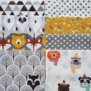 May include: A set of 10 fabric squares featuring various animal and nature-themed patterns. The patterns include a geometric design, polka dots, a floral design, a forest scene, and a winter scene. The fabric squares are ideal for quilting, crafting, and other sewing projects.