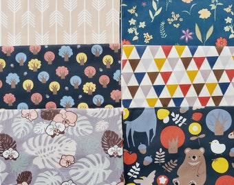 6pc Quilting cotton fabric lot, animal fabric, cotton twill fabric, quilting, sewing, nature fabric, 40 by 50 cm, fabric bundle, fat quarter