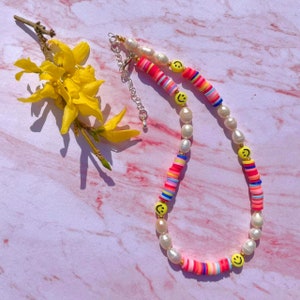 Freshwater pearls necklace, pearls necklace, multicolored necklace, polymer clay necklace, 90s, y2k, smiley face necklace, gifts for her