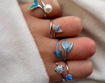 925 Sterling Silver Ocean Ring Adjustable Turtle Ring Manta Ray Ring Mermaid Tail Ring Shark Ring Opal Pearl Enamel Beach Jewellery Gift