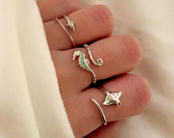 925 Sterling Silver Ocean Ring Adjustable Dolphin Ring Seahorse Zircon Ring Manta Ray Ring Minimalist Beach Jewellery Gift UK