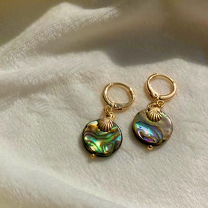 Abalone Shell Earrings, Gold Plated Hoop Earrings, Dainty Gold Hoops, Mermaid Iridescent Jewellery, Gift for Her, Multicolour Ocean Earrings