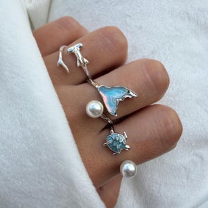 925 Sterling Silver Ocean Ring Adjustable Turtle Pearl Ring Whale Tail Iridescent Ring Mermaid Ring Hammer head Shark Ring Jewellery Gift