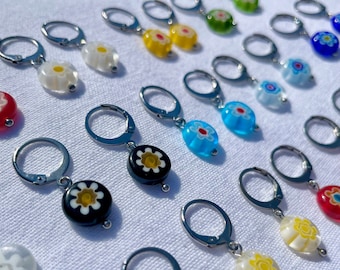 Millefiori Murano Glass Flower Hoop Earrings, Colourful Floral Earrings, Silver Stainless Steel Hoops, Hypoallergenic earrings, Gift for Her
