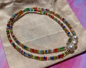 Freshwater Pearl Necklace, Colorful Seed Beads, Beaded Choker