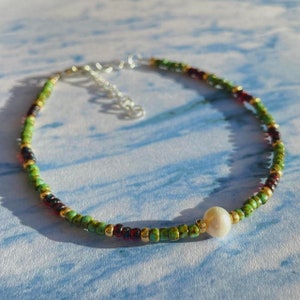 Handmade 90’s retro turquoise toho and miyuki picasso beads anklet with natural freshwater pearl and gold seed beads, y2k gifts for her
