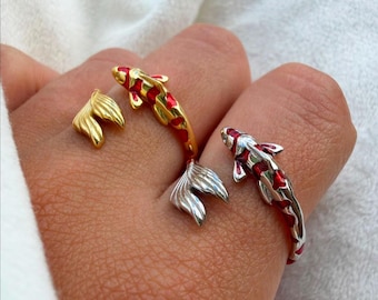 Anello con pesce koi in argento sterling 925, regolabile, con smalto, a forma di pesce rosso, ispirato al Giappone, a tema oceano, placcato oro, gioiello regalo.