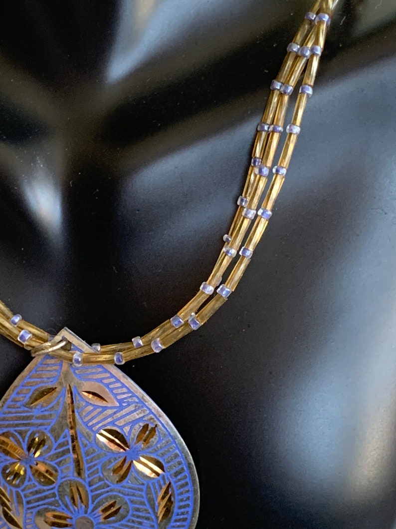 beaded necklace Blue and Gold Pendant