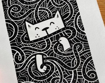 Impresión en linóleo de Cat Tangle: decoración caprichosa para el hogar hecha a mano