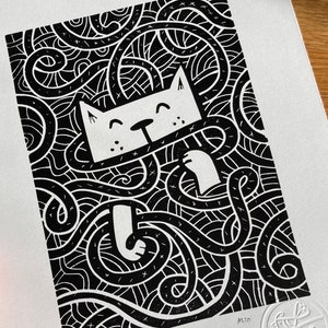 Cat Tangle Linocut Print: Handmade Whimsical Home Decor