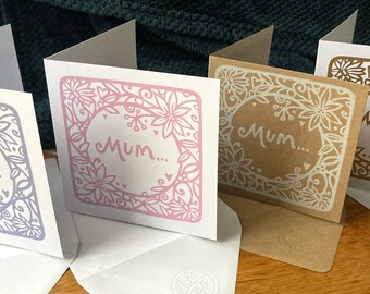 Mum card - blank greeting card - suitable for Mother's Day - circle - flowers - foliage - handprinted - free UK postage