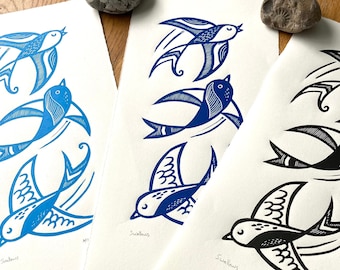 Swallows Linocut Print: Three Birds in Flight, Handmade Art